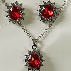 Red Crystal Flower Pendant and Earring Set