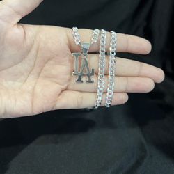 .925 Sterling Silver Mens Womens Los Angeles LA Pendant & Curb Chain