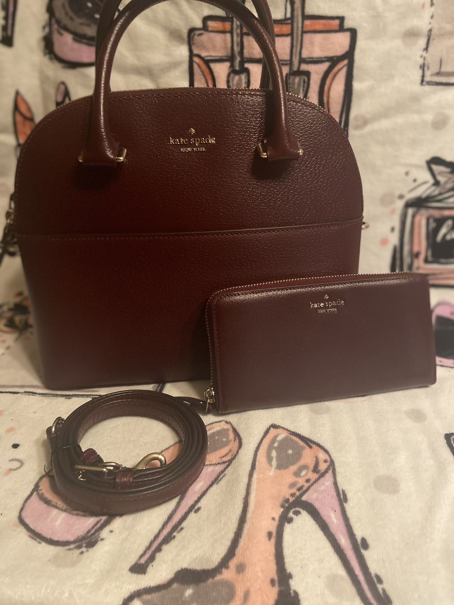 Kate Spade Burgundy Leather Bag and Wallet Set like new