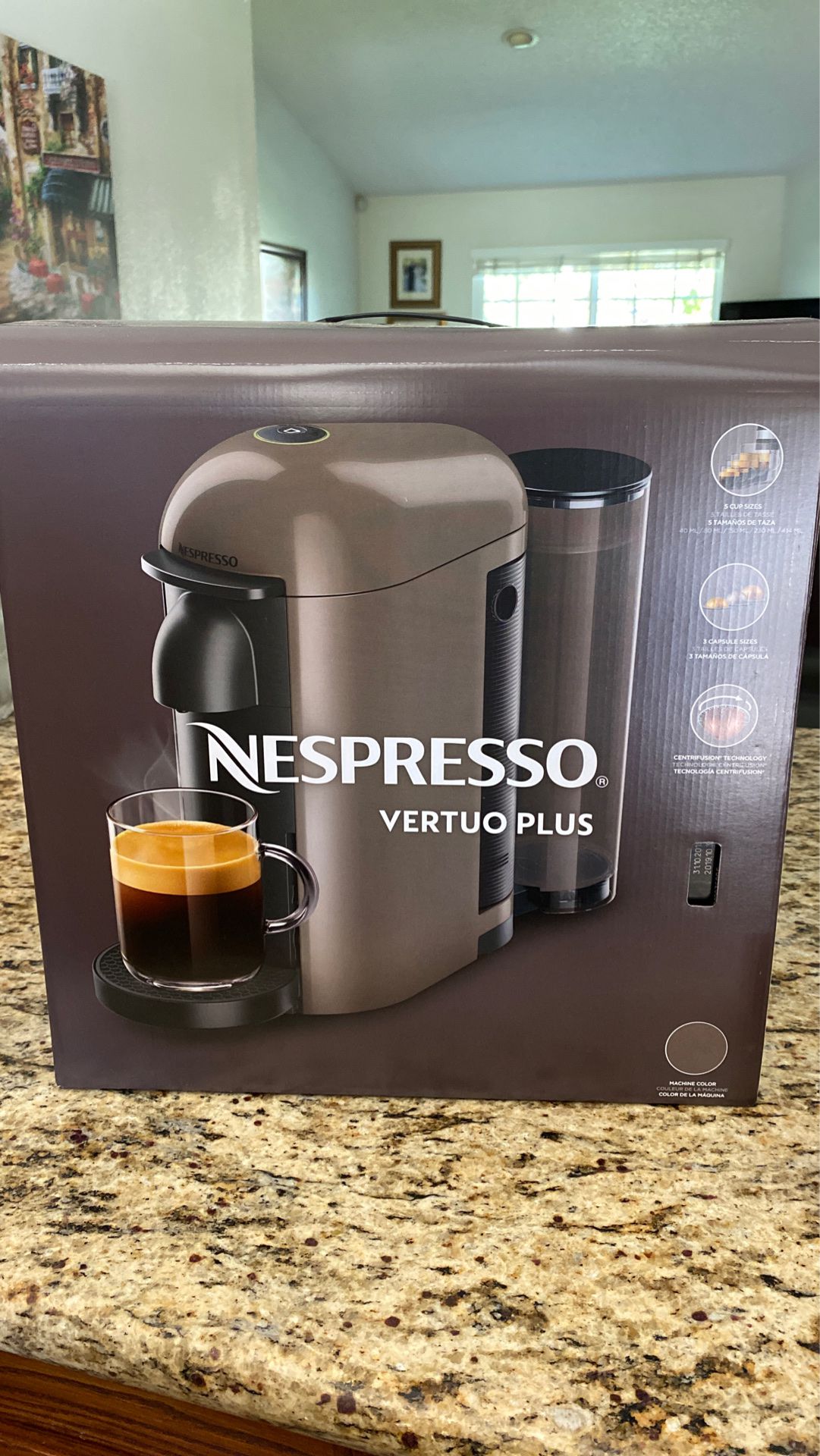 Unopened Nespresso Vertuo Plus machine with Hazelino Coffee Pods