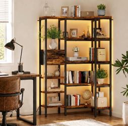 L-Shaped Corner LED Light Strips Rustic Brown Bookshelf