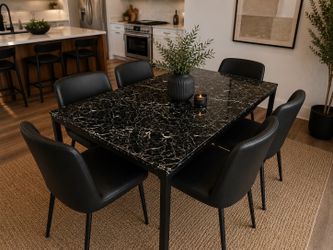 Modern Black Faux Marble Dining Table – Black Metal Frame