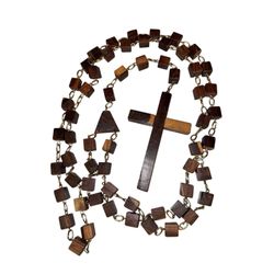 Rosary 5 Foot Wooden Cubed vintage Wall Hanging Decor Brown Gold Christian Cross