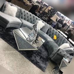 🔴$39 DOWN PAYMENT ONLY Anabella Velvet Grey 3pc. Sectional 