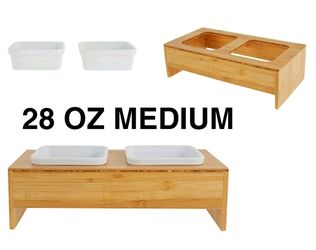 New Modern/Farmhouse Elevated Bamboo stand with two 28oz white ceramic dog/cat water and food bowls