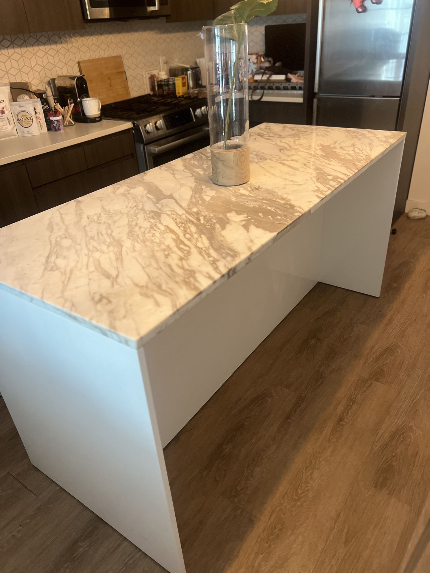 CB2 White Kitchen Island with Marble Top