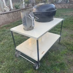 Weber Grill with cart/ Grill Cover and cast iron crate