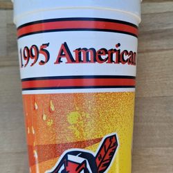 vintage 1995 Cleveland Indians souvenir cup featuring the iconic Chief Wahoo logo and the text "1995 America."