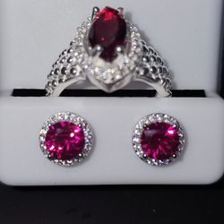 Red Ruby Ring And Earring Set 925 Sterling Silver 