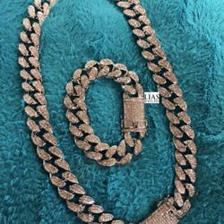New 18k White Gold Cuban Link Chain and Bracelet Set 