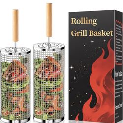 New-Rolling Grill Basket, Fathers Day Gifts for Dad Husband, Removable Wooden Handle, 304 Stainless Steel, Nesting BBQ Tools for Vegetable, Outdoor Sm