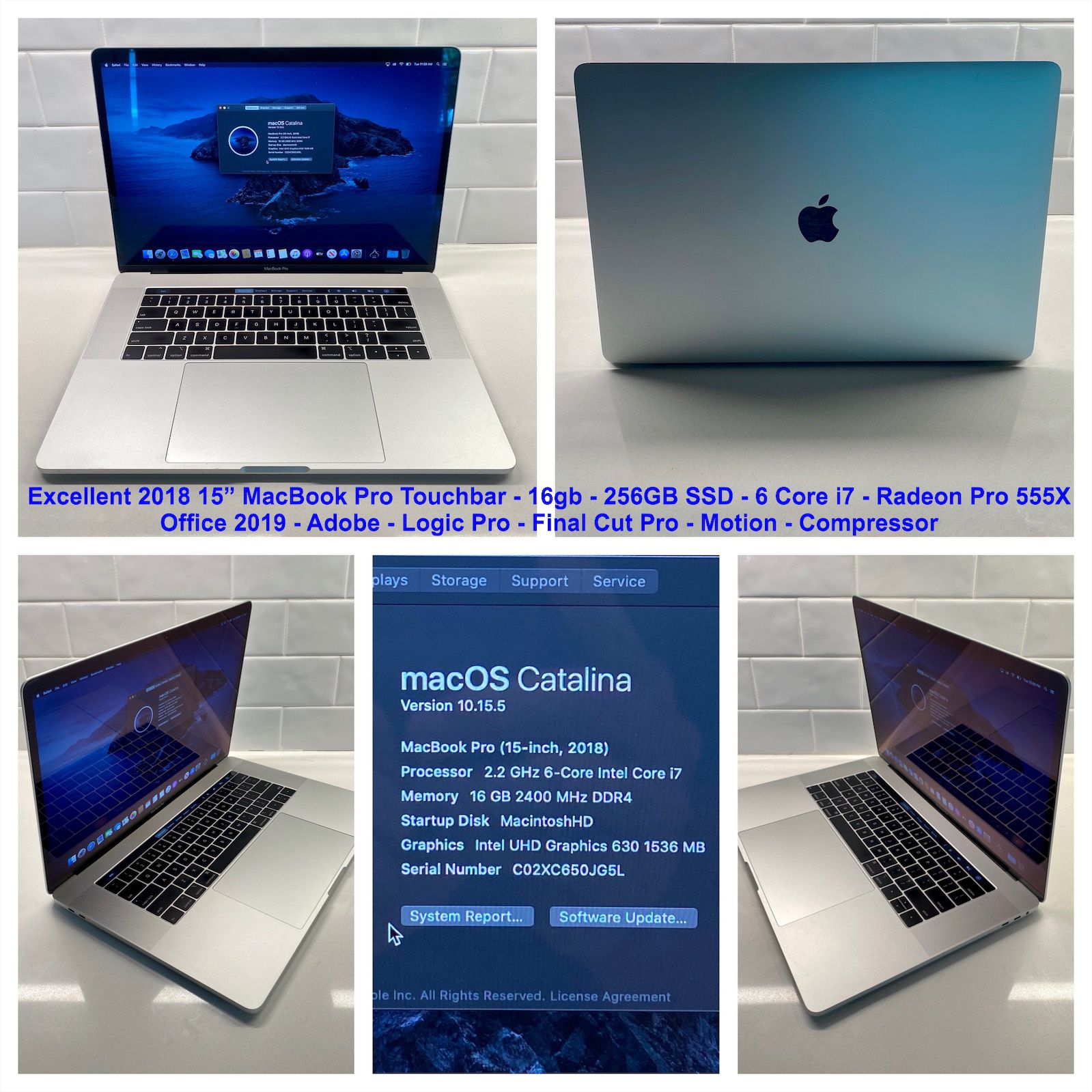 Excellent 2018 Apple 15” MacBook Pro Touchbar, 16gb, 256gb, Office 2019, Logic, FCP