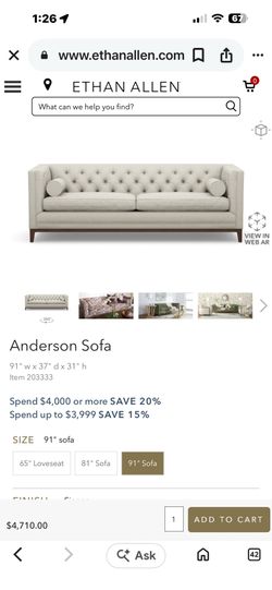 Ethan Allen Anderson Sofa – 91” Wide – Mint Condition Price: $1,099