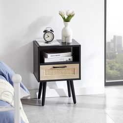 Modern Rattan Nightstand  with Drawer and Solid Wood Legs 