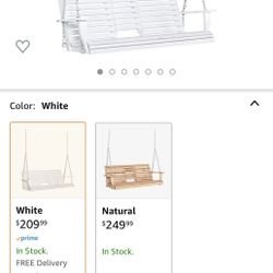  3-Seater Wooden Porch Swing, Patio Swing Bench with Folding Coffee Table, Cup Holders and Chains Included, 440lbs Weight Capacity, White