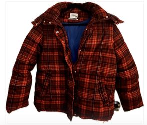 UO Urban Outfitters Riley Plaid Hooded Puffer Jacket, Red Sz S P