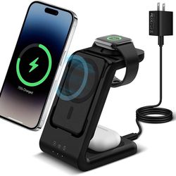 new 3 in 1 Wireless Charging Station, Fast Charger Stand Compatible for iPhone/Apple Watch/Airpods, 5000mAh Mag-Safe Battery Pack USB C Power Bank for