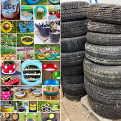 Tires for Upcycling. Tires for DIY Projects. SEE PICS FOR INSPIRATION. Used Tires. Unknown Condition or Sizes. $10ea no Rim. $20 with Rim. Many availa