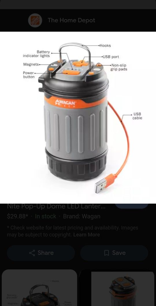WAGAN TECH ( 240-LUMEN) BRITE-NITE POP-UP USB LANTERN/FLASHLIGHT
