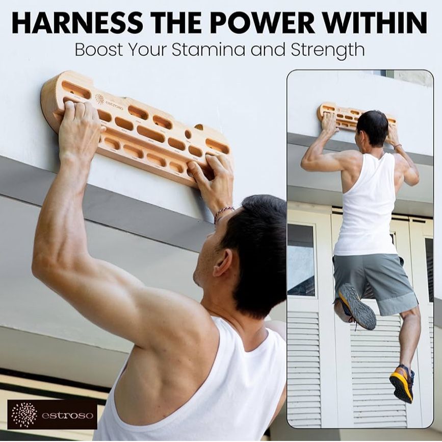 ESTROSO Wooden Hangboard - Training Hang Board with Adjustable Grip Depths, Grip Strengthener, Forearm Exerciser, Pull Ups - Climbing Fingerboard with