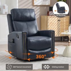 #639- Blue Genuine Leather Heat Massage Manual Recliner Chair Rocker Swivel