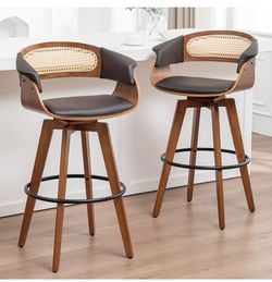 Set of 2 Rattan Swivel Bar Stools - 29.5 inch Mid Century Bar Stools with Cane Back, Walnut Crafts, Curved Arms, Upholstered Seat, Kitchen Island Stoo