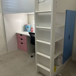 Ikea loft bed with pink drawers and blue closet (willing to negotiate price)