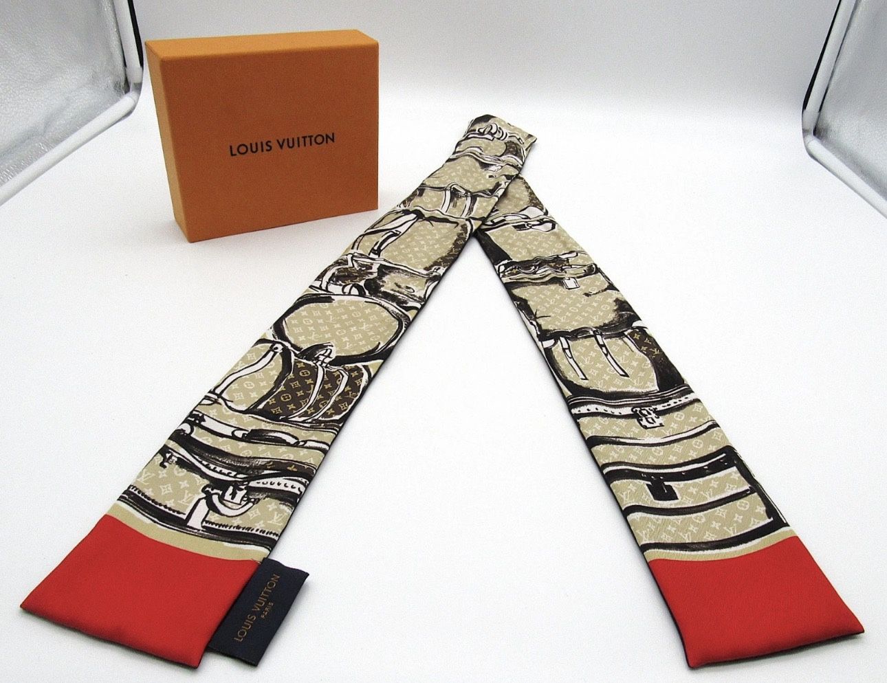 Louis Vuitton Monogram Trunks Silk Bandeau Scarf Beige/Red