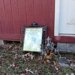 Metal Frame Mirror And Matching Lamp