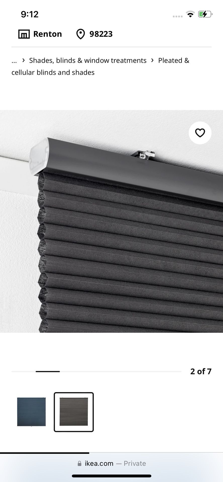 NWT! IKEA Dark Gray HOPPVALS Room Datkening Cellular Blind. 27 x 64 inches