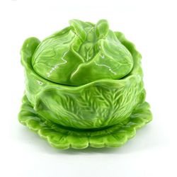 1960s Vintage Ceramic Cabbage Tureen Under Plate 2 Piece 