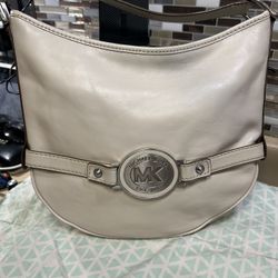 Michael Kors Shield Genuine Leather Medium Ivory Hobo Bag Purse