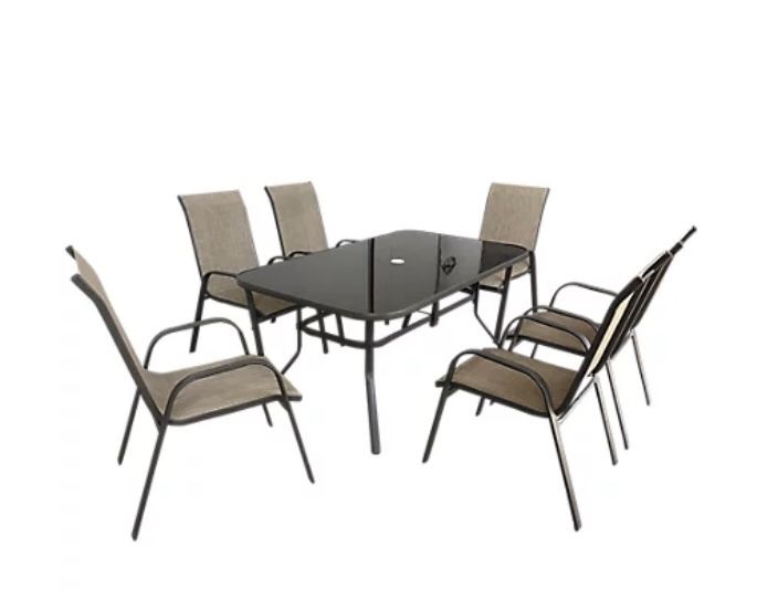 New 7 Pieces Patio Furniture Set, Cambria Sling Rectangle Table With 6 Chairs