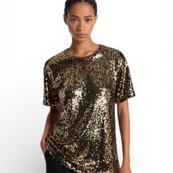 NWT MICHAEL KORS Sequined Jersey Oversized T-Shirt Bk/Gold 3X