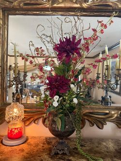Floral Arrangement in Ornate Metal Urn Vase