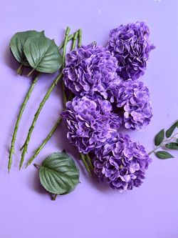 Artificial Purple Hydrangea real touch flowers Stems with Leaves