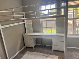 White Metal Full size Loft Bunk bed with Desk
