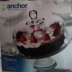 Anchor Hocking Canton 2 Piece Footed Cake Set Stand Dome. Flip Over Punch Bowl
