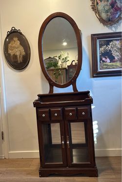 Antique Wood Vanity Cabinet with Oval Mirror
