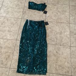 Dress Lulus Stunning Impression Emerald Green Sequin Two-Piece Midi Dress Size Small 