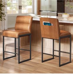Bar Stools Set of 4 Counter Height Chairs with Backs, 26.4-Inch Transitional Barstools, Synthetic Leather with Stitching, Caramel Brown and Ink Black,