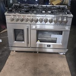 FORNO 48 INCH  GAS RANGE  DOUBLE OVEN STAINLESS STEEL DUAL FUEL 
