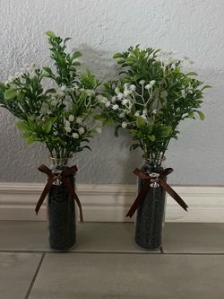 2 Glass Vases With Artificial Greenery-Please Read Description