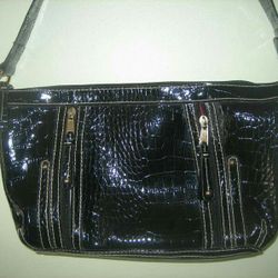 Black Liz Claiborne Shoulder Bag Purse, Imitation Textured Patent Leather, 10 x 8 Inches