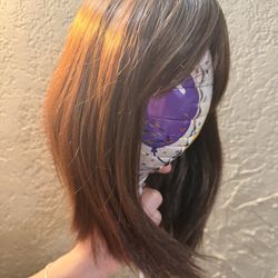 Gently used 100% real human hair clip-in topper, short bob ~10-12”, dark brown, lace base, multiple clips, clean/shiny/no tangles/shedding—perfect for