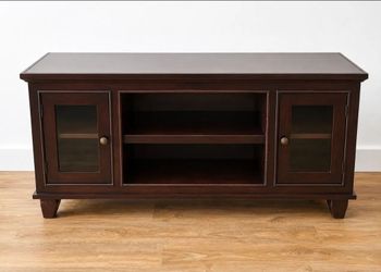 TV Stand — Espresso Wood, Glass Cabinet Doors