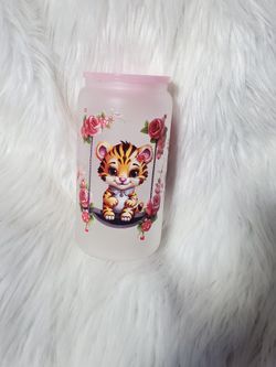 Glass Cup Frosted Pink Lid