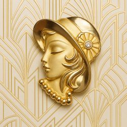 Vintage 1980s Art Deco Lady Face Gold-Tone Brooch, 1.75x2.5”