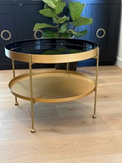 Modern Gold Round Coffee Table - Black Glass Top - 2 Tier