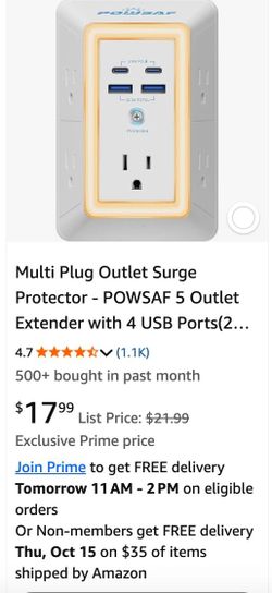 NEW - POWSAF 5-Outlet Surge Protector with 4 USB Ports